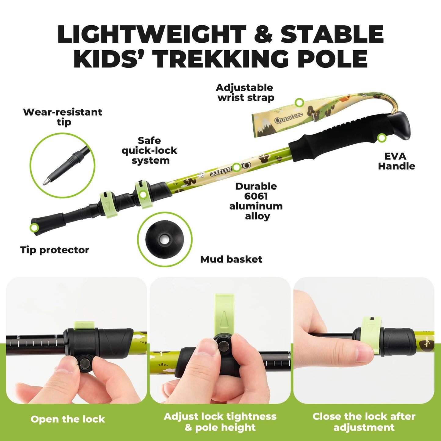 Children's trekking pole with features highlighted on a white background