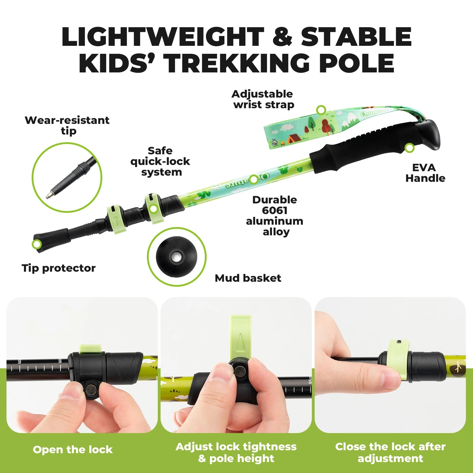 Children's trekking pole with features highlighted on a white background