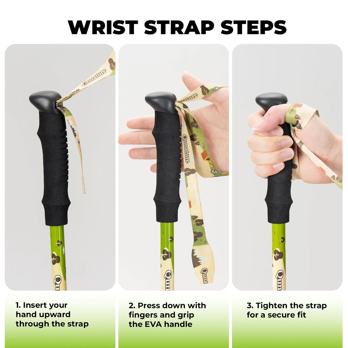 Step-by-step guide on how to use a wrist strap with a walking stick.