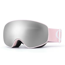 A pink strap and grey len kids anti-fog ski goggles with UV protection