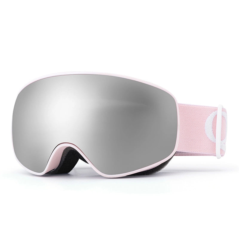 A pink strap and grey len kids anti-fog ski goggles with UV protection