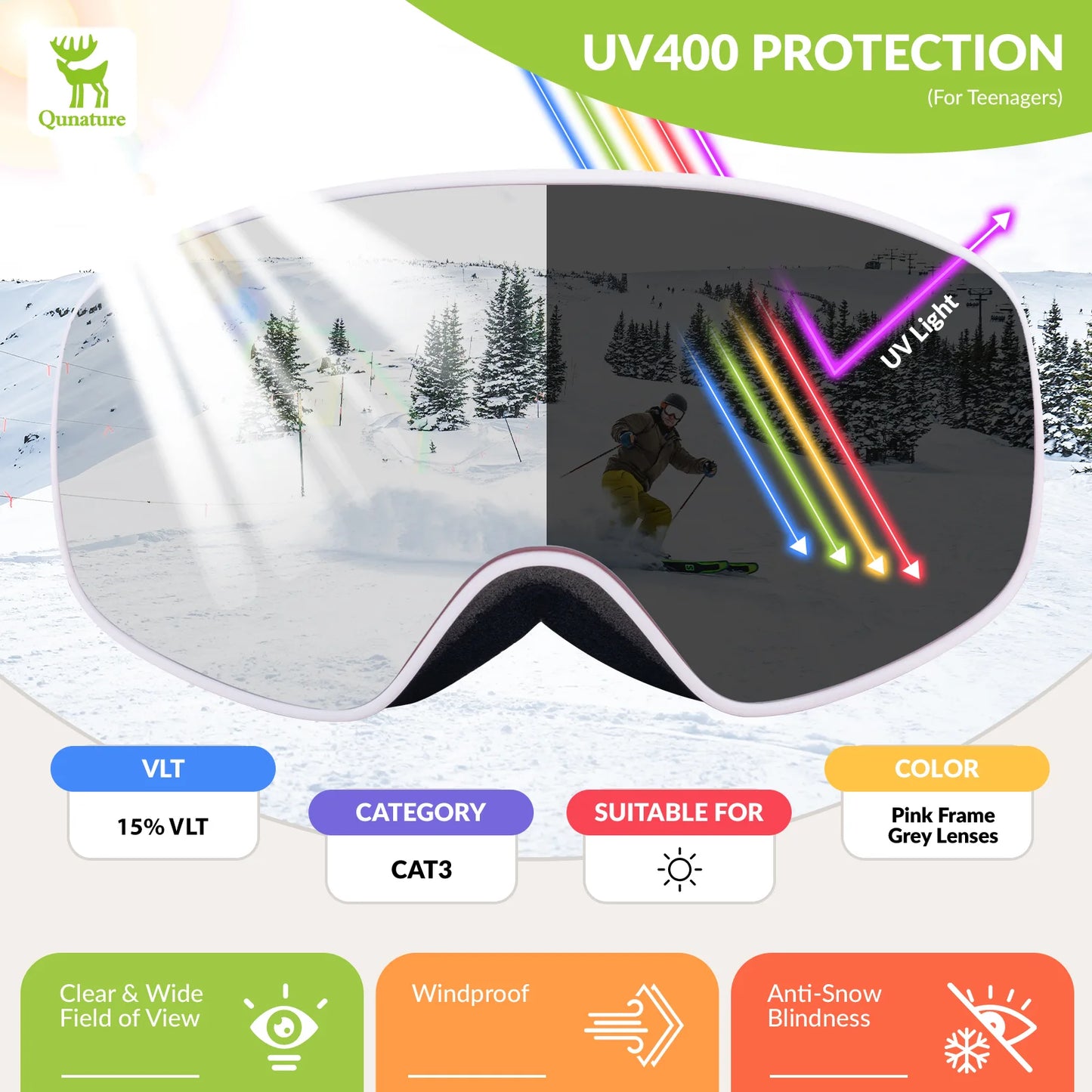 Goggles with UV400 protection feature, showing a snowy landscape and a person skiing.