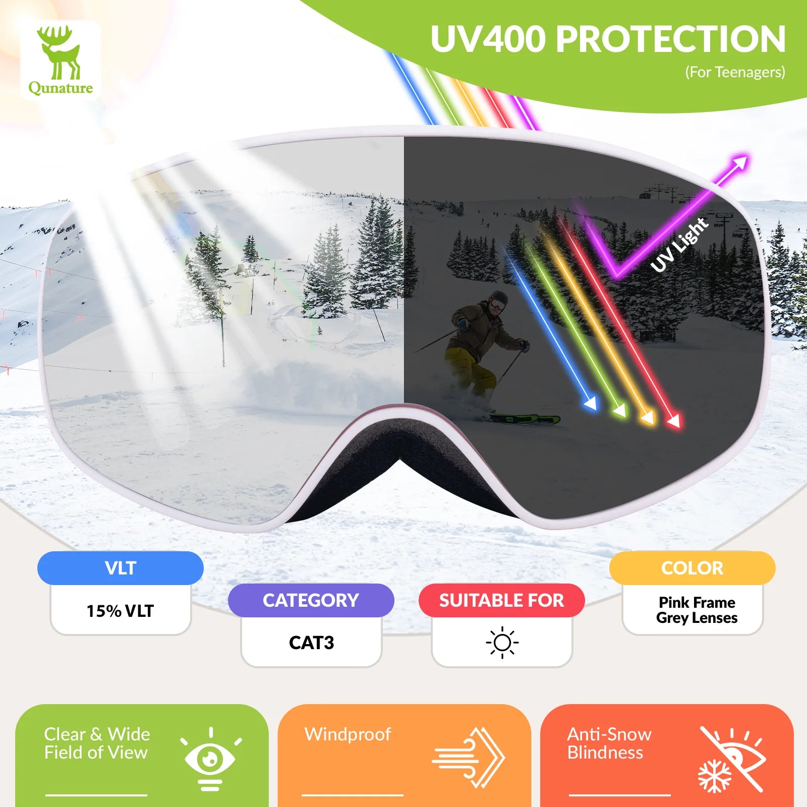 Goggles with UV400 protection feature, showing a snowy landscape and a person skiing.