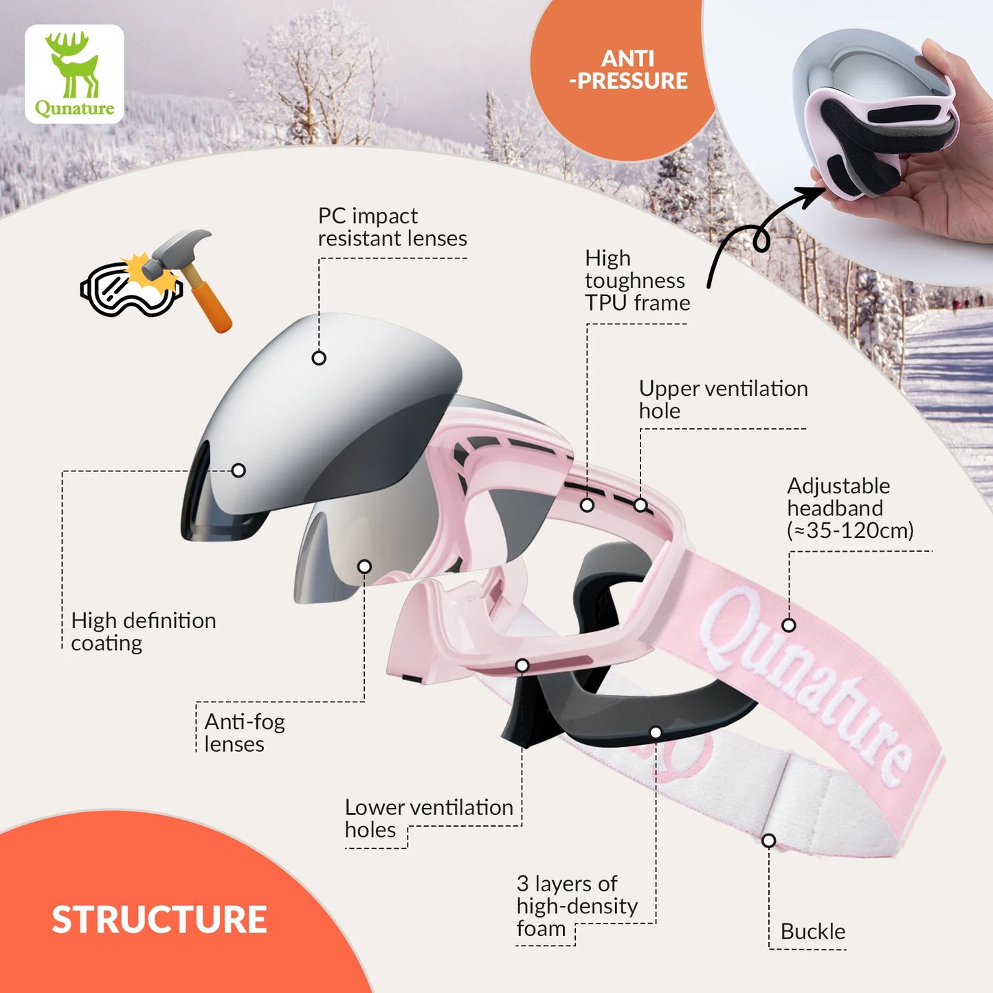 Qunature ski goggles with features highlighted on a snowy landscape background