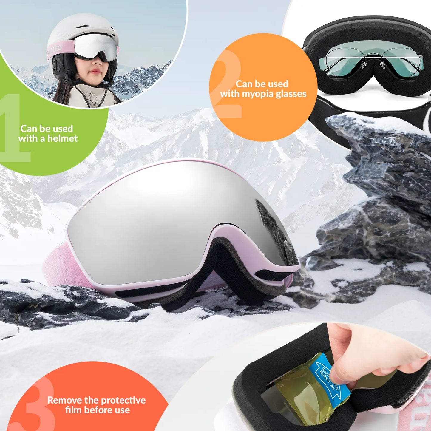 Snow goggles with helmet and myopia glasses compatibility on a snowy mountain background
