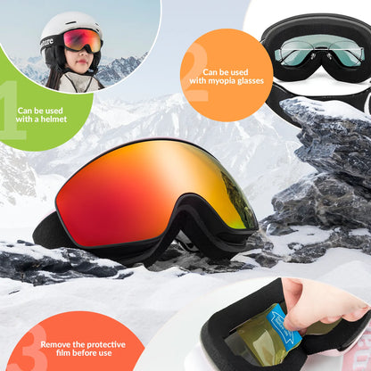 Snow goggles with reflective lenses on a snowy mountain background