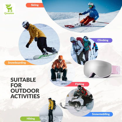 Promotional graphic for outdoor activities with people skiing, snowboarding, and hiking on a snowy background.