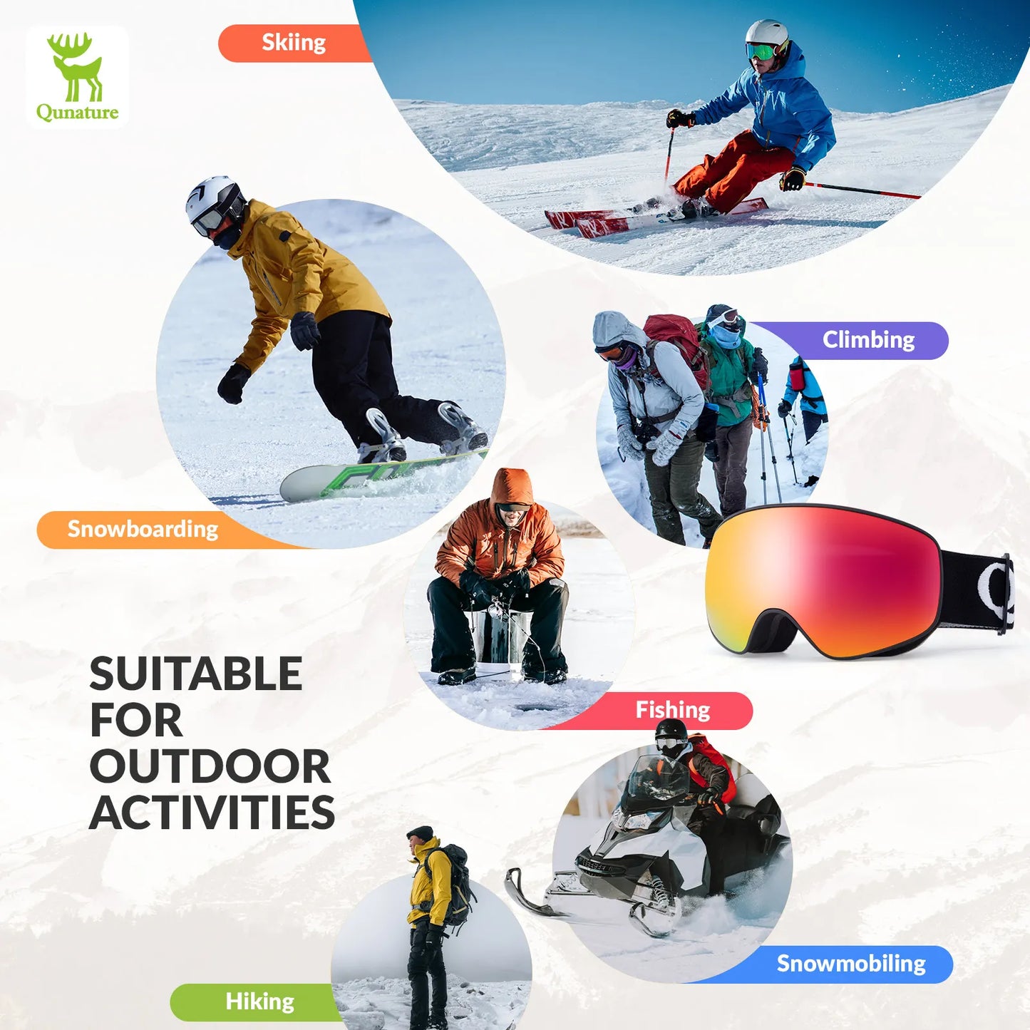 Promotional graphic for outdoor activities with people skiing, snowboarding, and hiking on a snowy background.