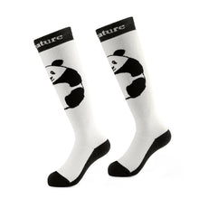 White socks with panda design and black accents on a white background