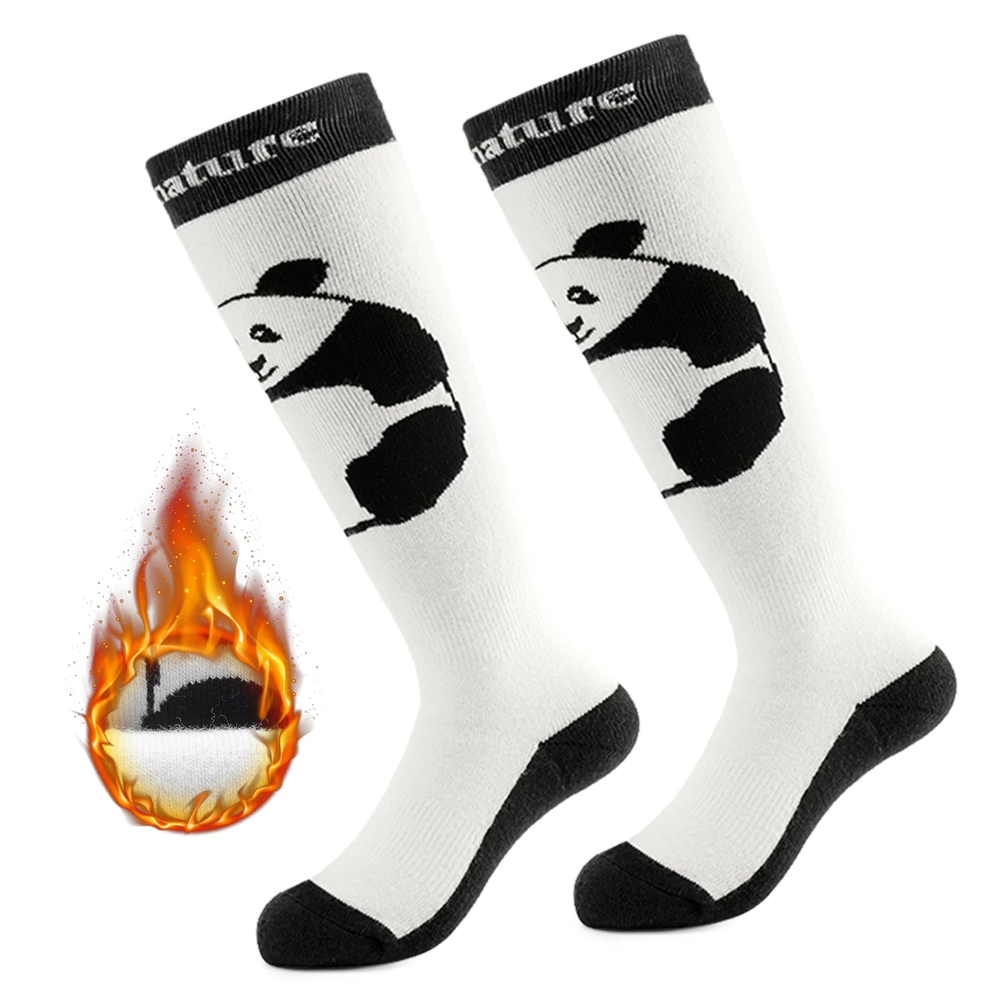 White socks with panda design and black accents on a white background
