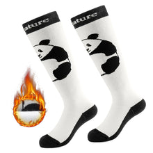 White socks with panda design and black accents on a white background