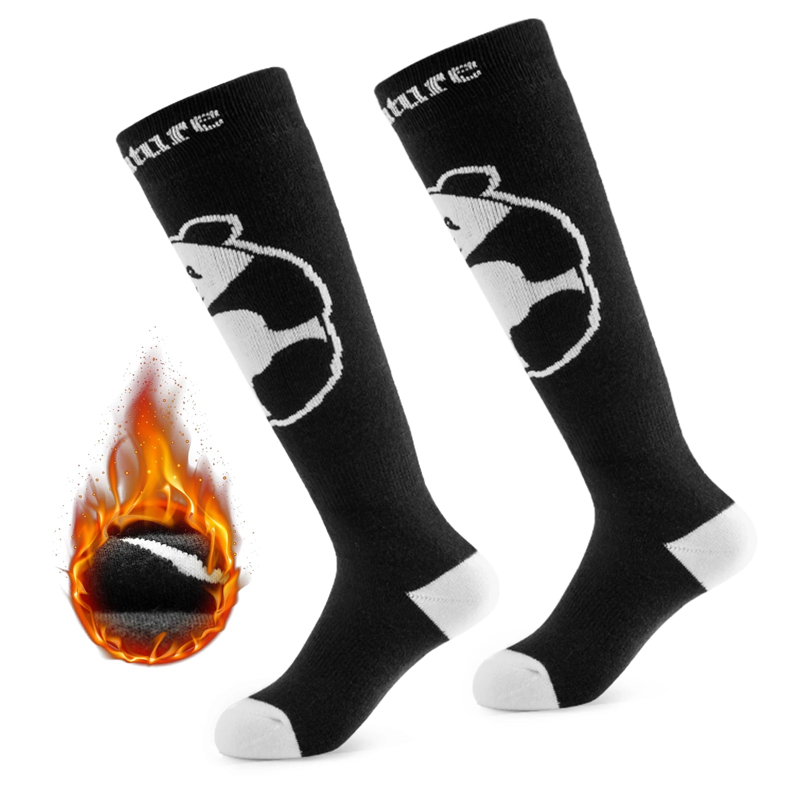 Black knee-high socks with panda design and visible brand logo on a white background