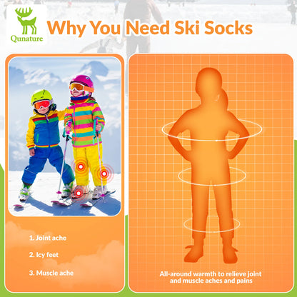 Advertisement for ski socks showing children skiing and a silhouette of a person wearing ski socks.
