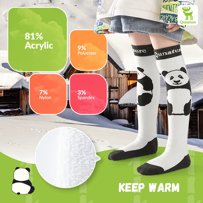 Children's knee-high socks with panda design, displayed with sock成分 information and 'Keep Warm' text.