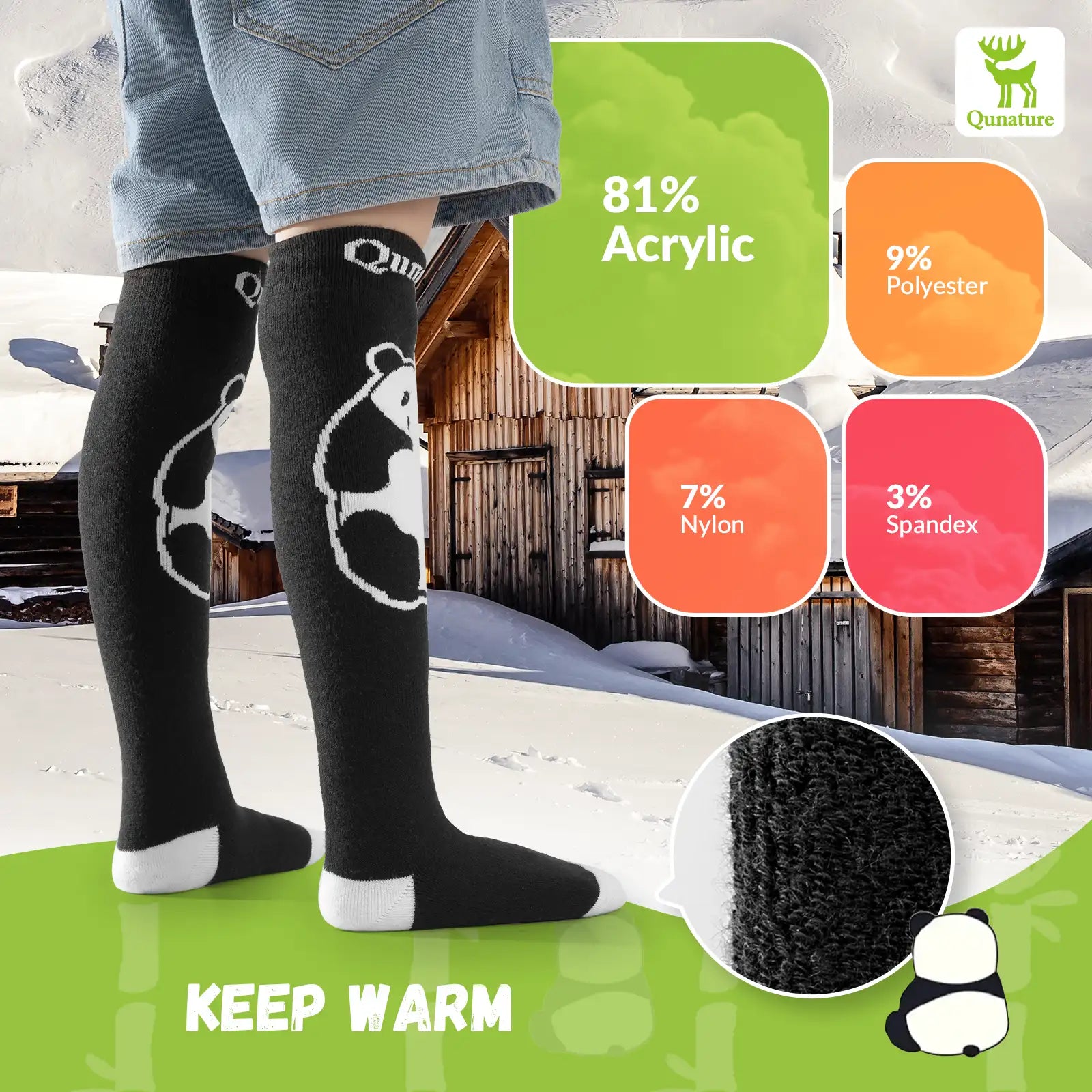 Black knee-high socks with panda design worn by a person, set against a snowy landscape background.
