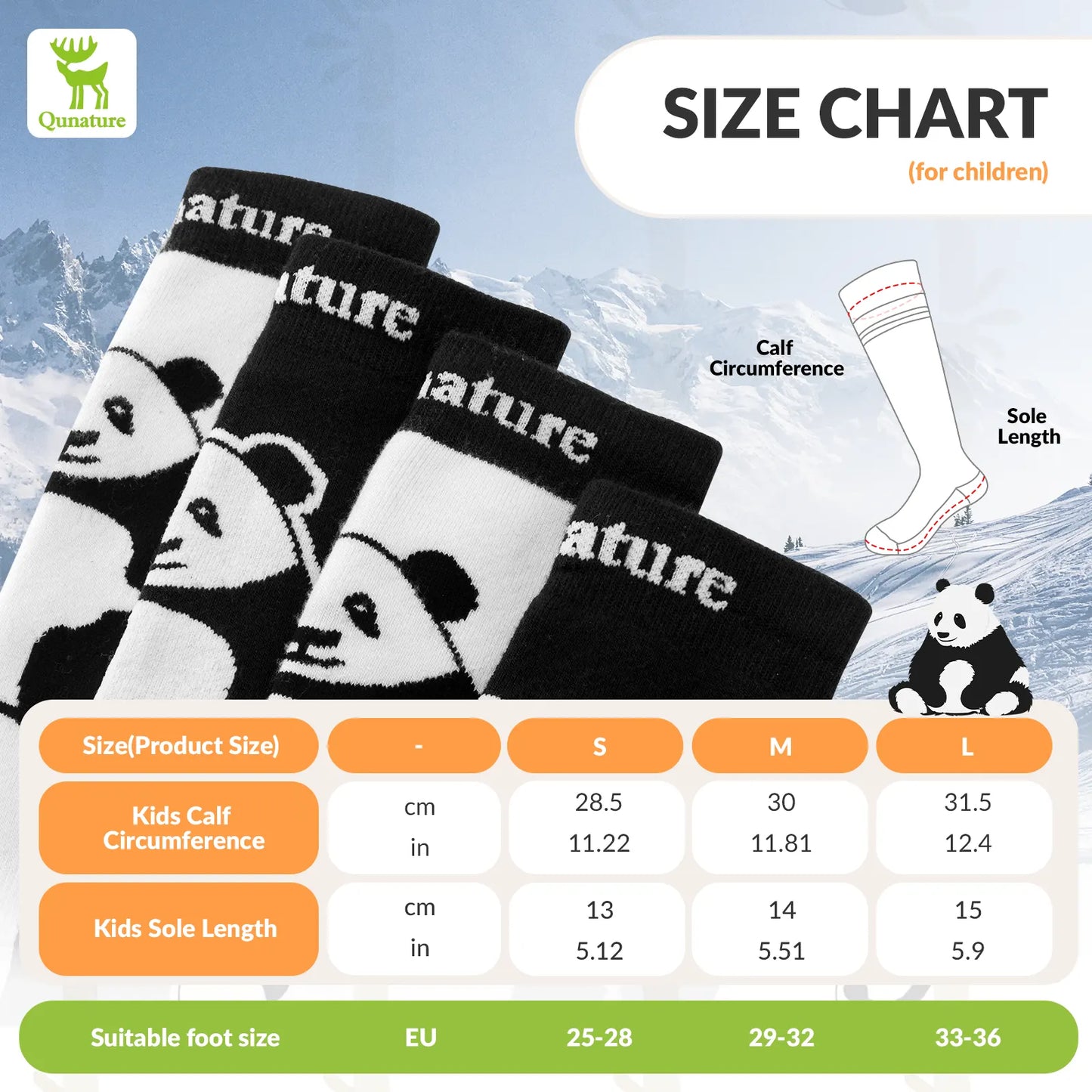 Size chart for children's socks with panda design and Qunature branding.