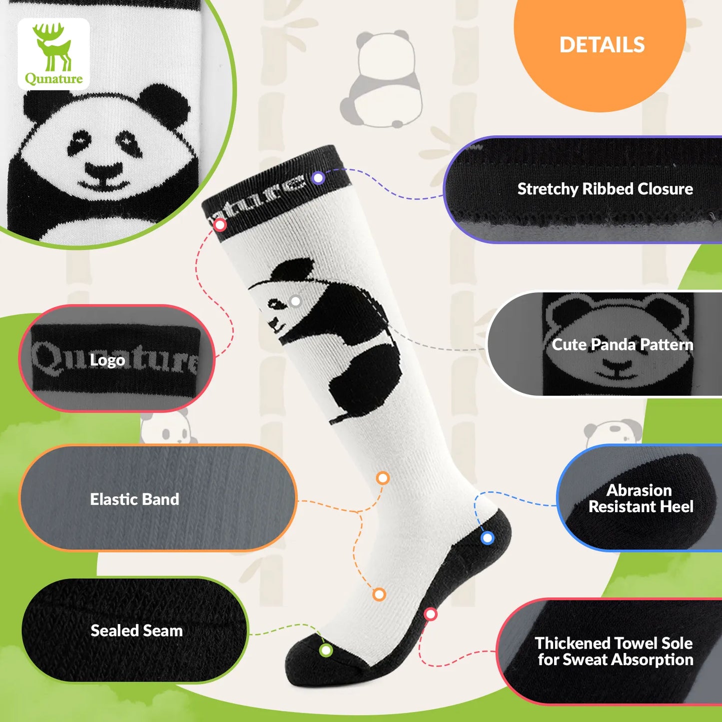 Panda-themed sock with features highlighted on a green and white background