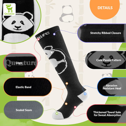 Black sock with panda design and feature text on a green background