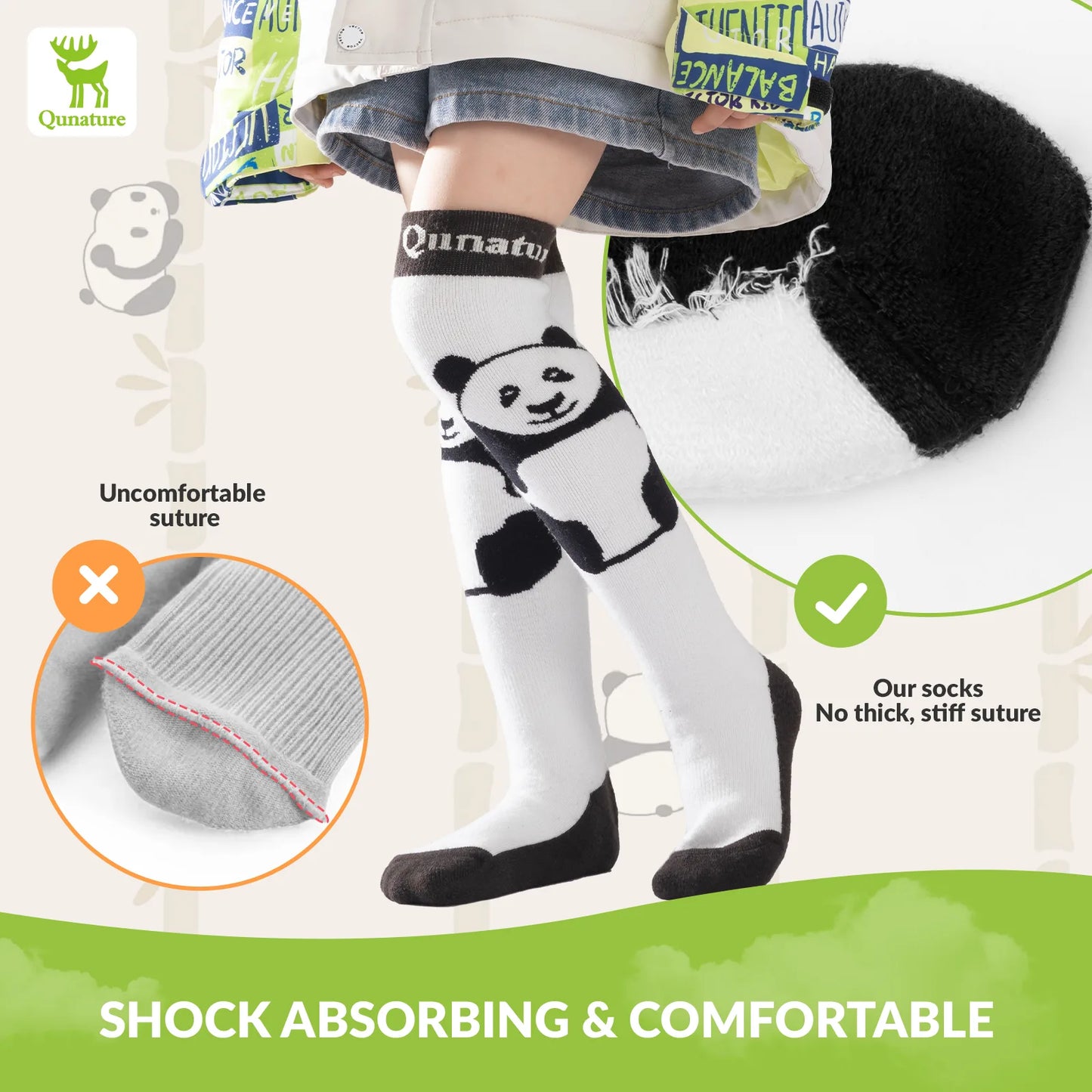 Child wearing panda-themed socks with a focus on comfort and shock absorption, featuring the brand 'Qunature'.