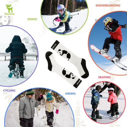 Children engaging in winter activities with a focus on snowboarding, skiing, skating, cycling, and hiking, featuring a pair of panda-patterned socks in the center.