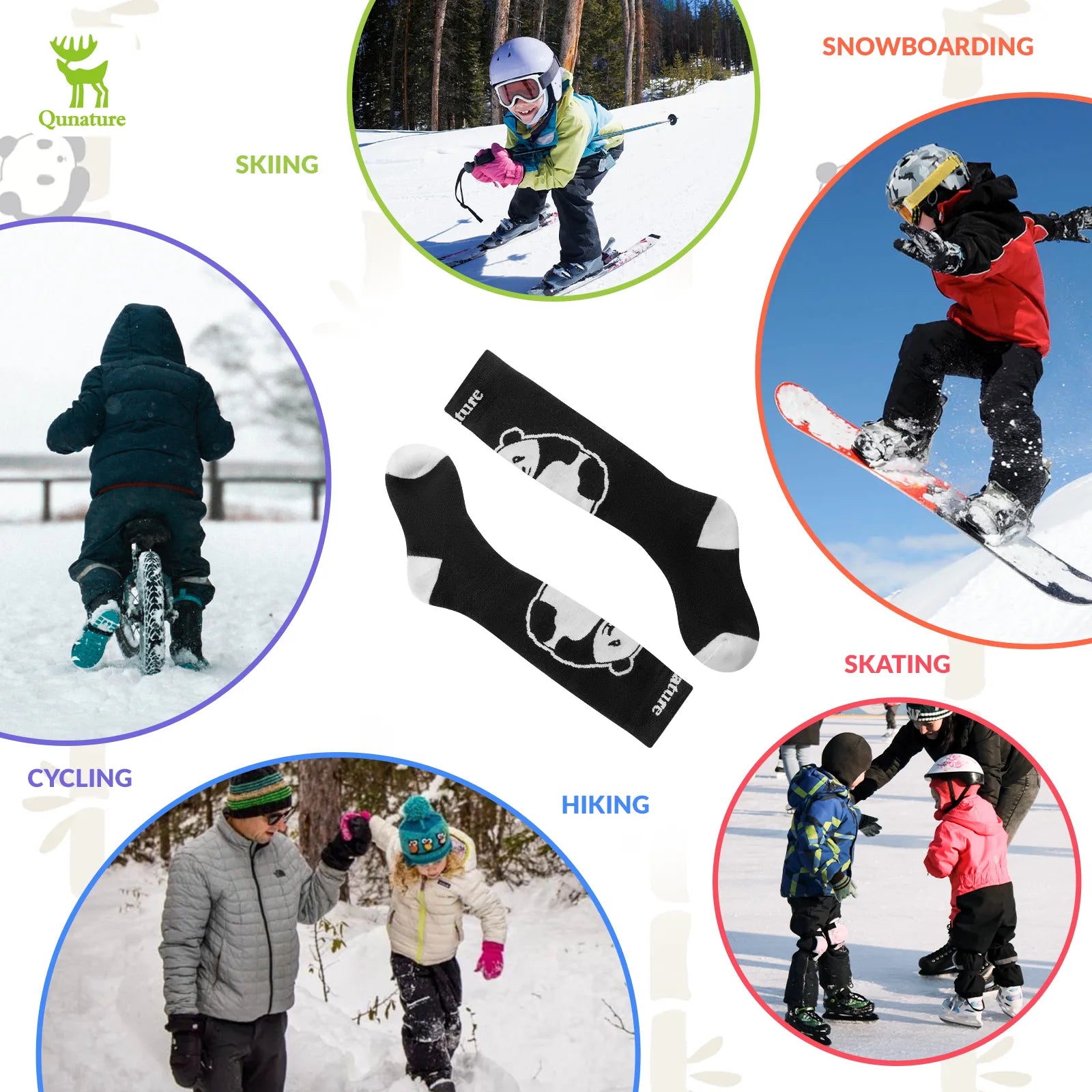 Collage of children engaging in winter activities with a focus on socks.