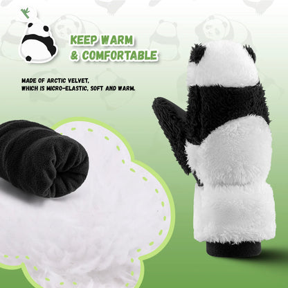 Panda-shaped mittens with text about warmth and comfort on a green background