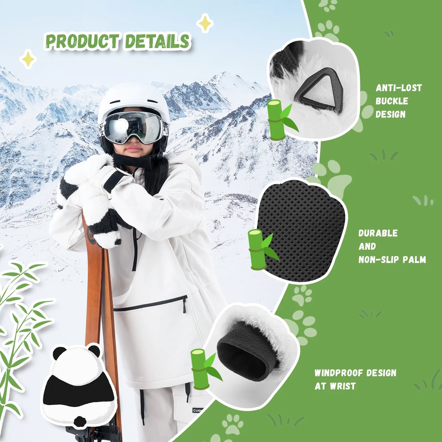Person in ski gear with product details on a snowy mountain background