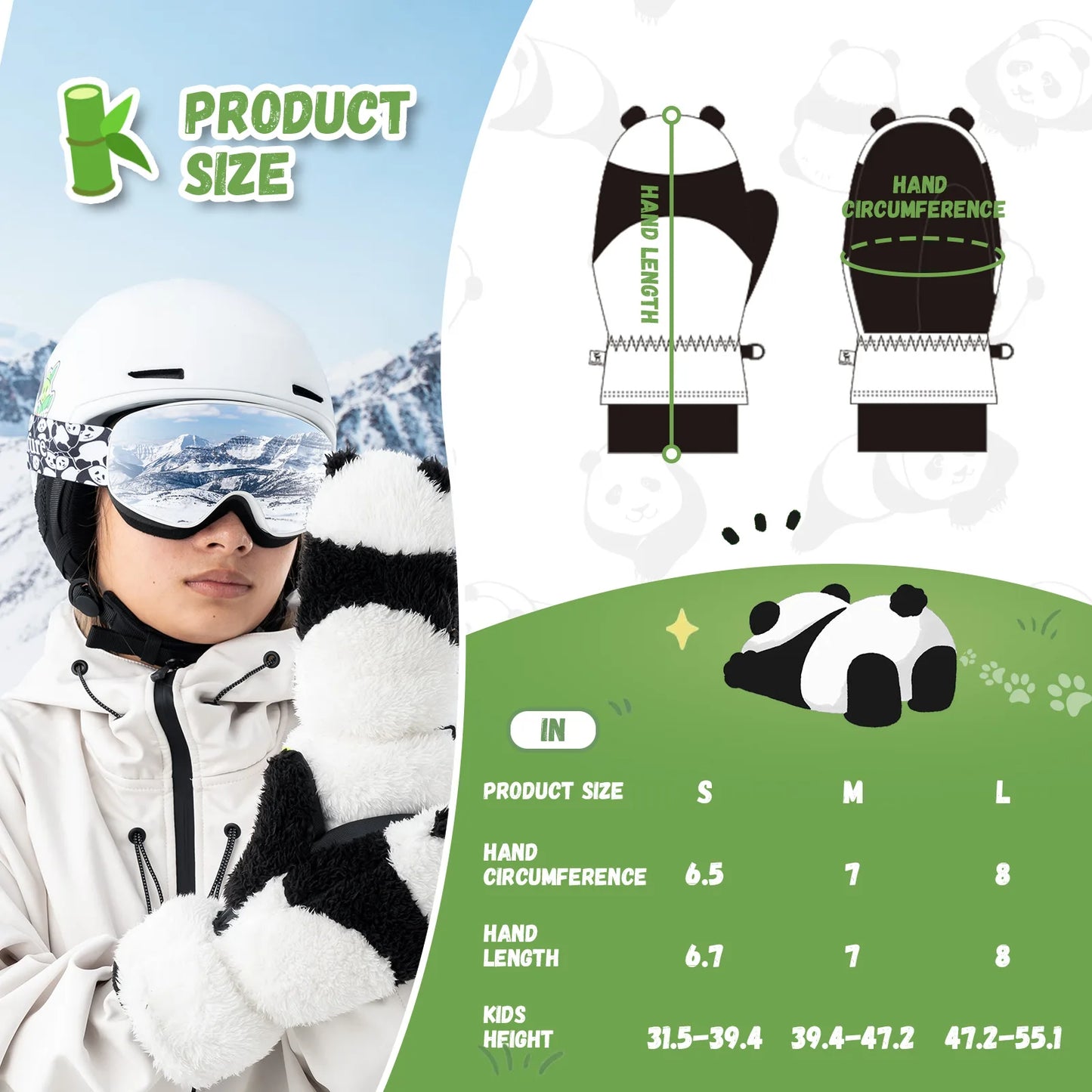 Person wearing panda-themed gloves with size chart and product details.