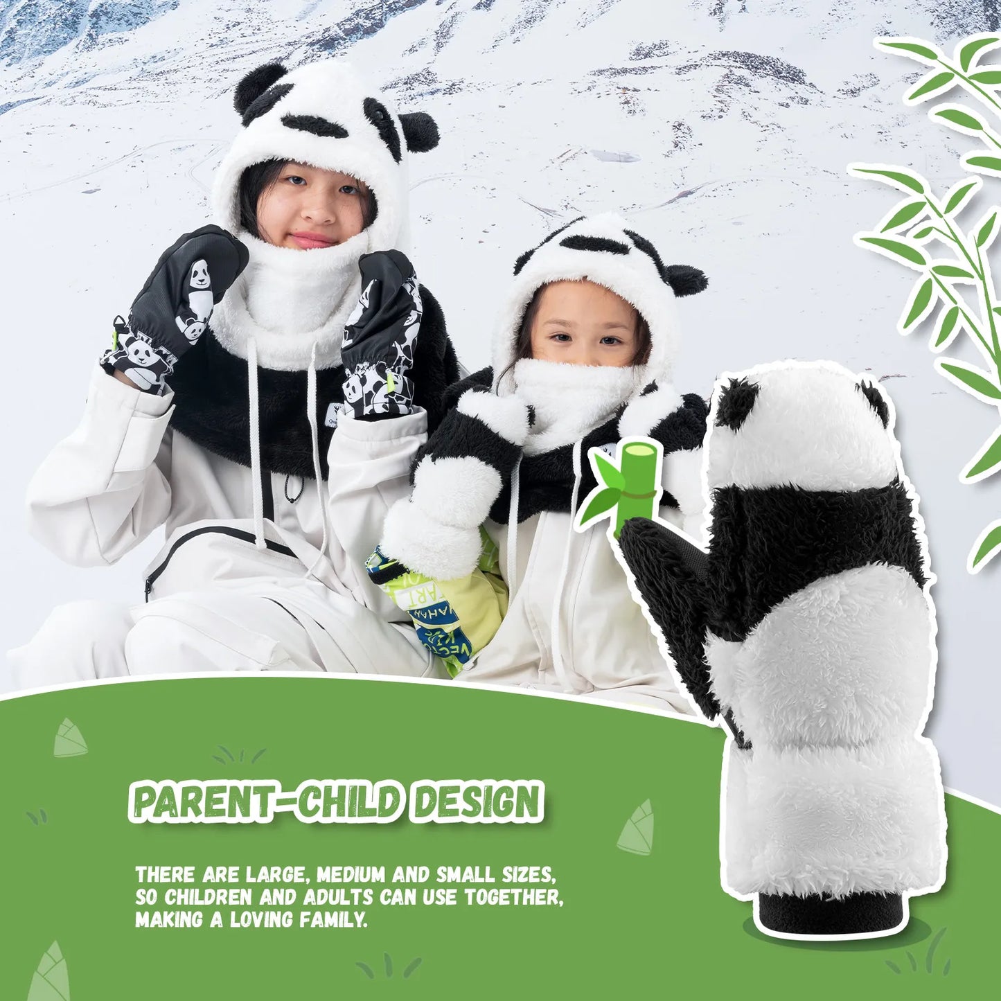 Two children in panda-themed outfits with a plush panda toy against a snowy background.