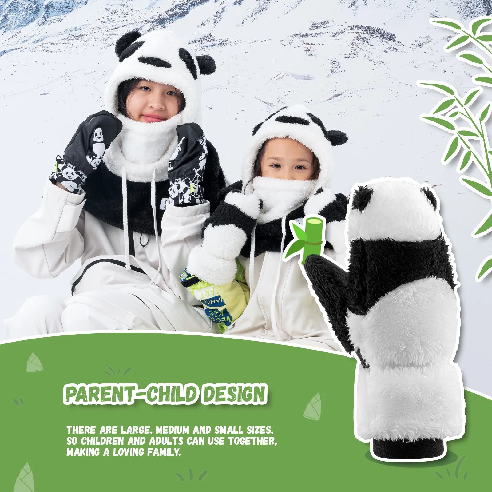 Two children in panda-themed outfits with a plush panda toy against a snowy background.