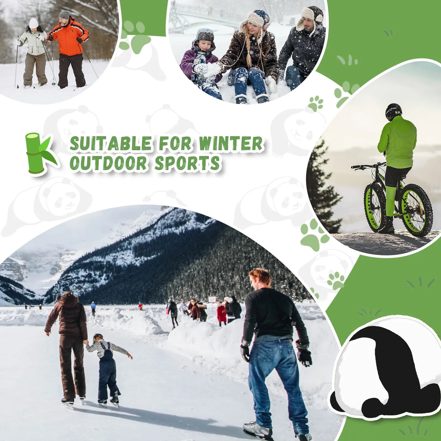 Collage of winter activities including skiing, snowboarding, and ice skating with text 'Suitable for Winter Outdoor Sports'.