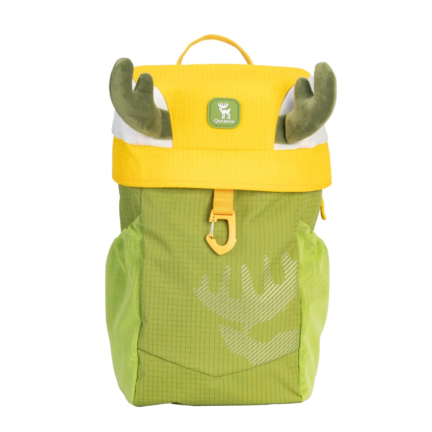 Green backpack with yellow top and antler-like decorations on a white background