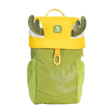 Green backpack with yellow top and antler-like decorations on a white background