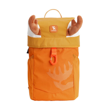 Orange backpack with deer antler design and logo on a white background