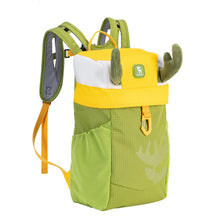 Green and yellow backpack with a visible brand logo on a white background