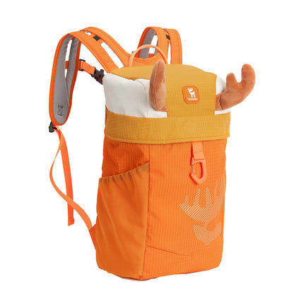 Orange backpack with animal ears and a tag on a white background