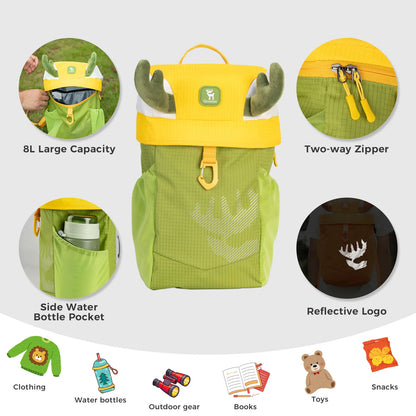 Green and yellow backpack with antlers, featuring multiple compartments and a reflective logo, on a white background.