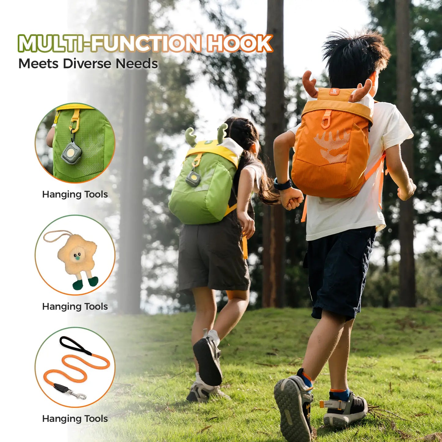Two children hiking with backpacks, emphasizing a multi-function hook product.