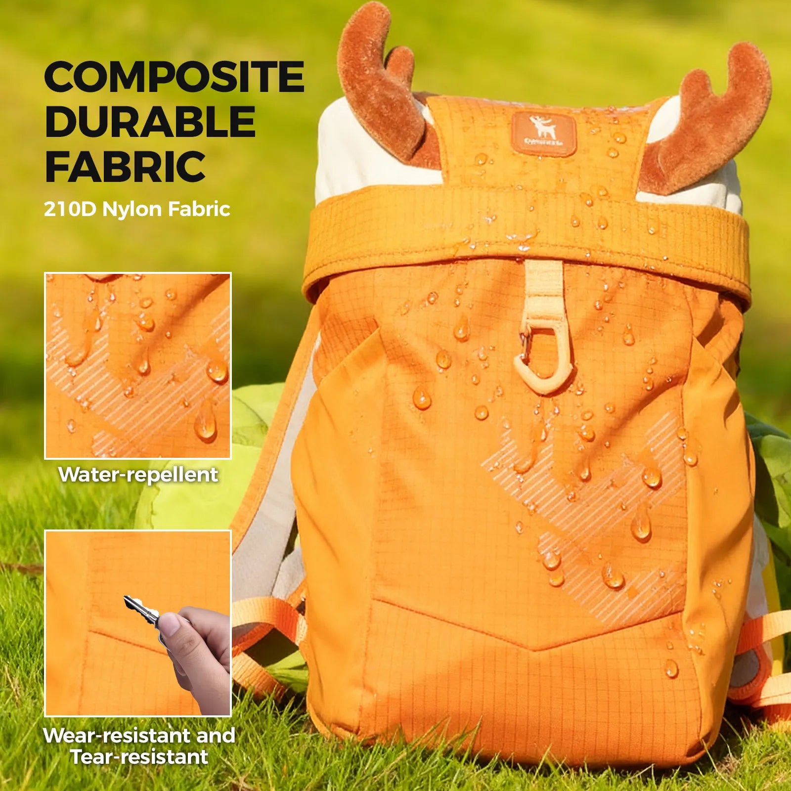 Orange backpack with deer design on grass, highlighting composite durable fabric and water repellent properties.