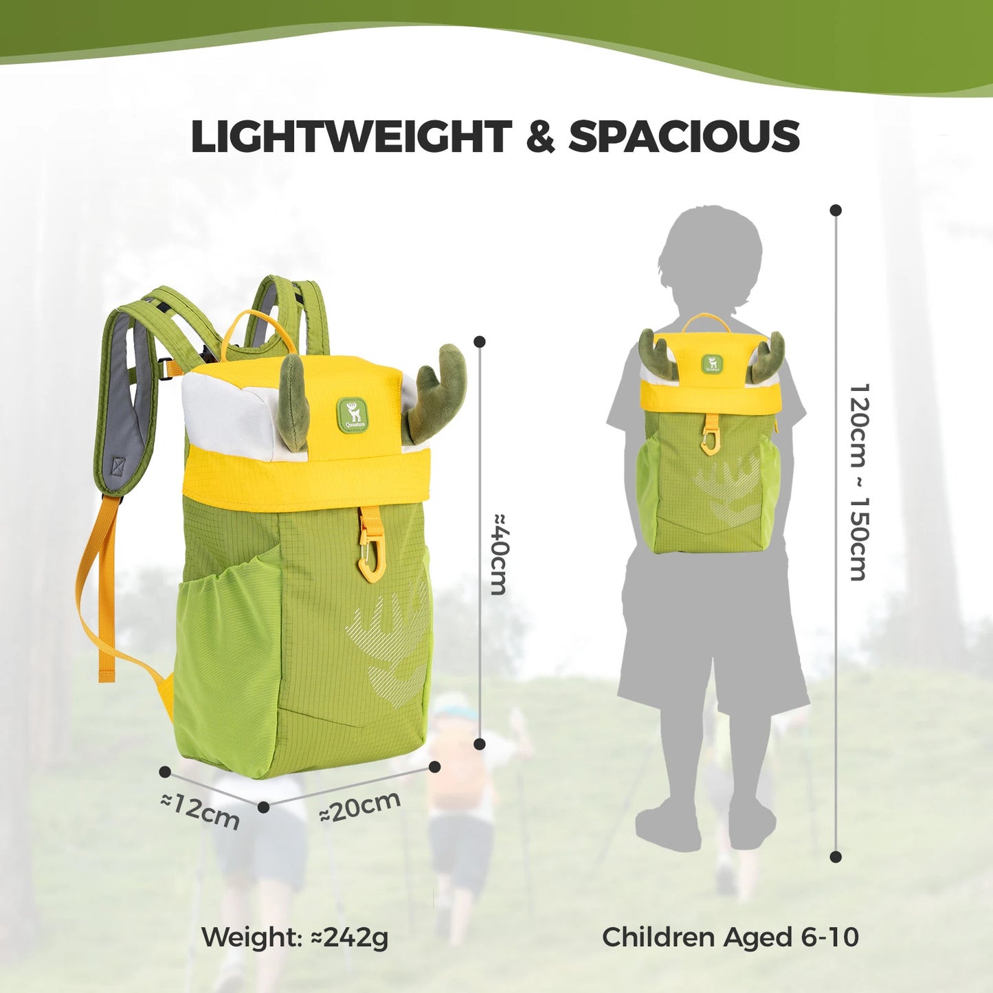 Green and yellow backpack with dimensions and weight information on a white background