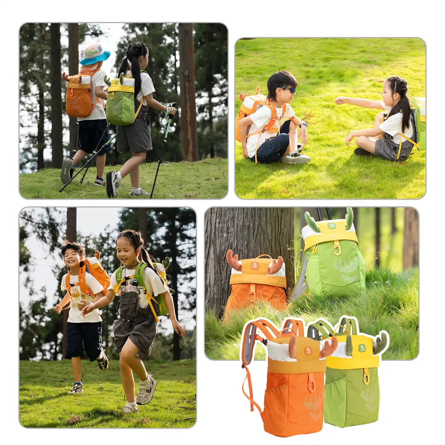 Children with backpacks in various outdoor settings, including a grassy field and forest.
