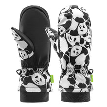 A pair of children's ski gloves with a black and white panda pattern and elastic cuffs.