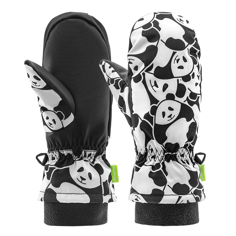 A pair of children's ski gloves with a black and white panda pattern and elastic cuffs.