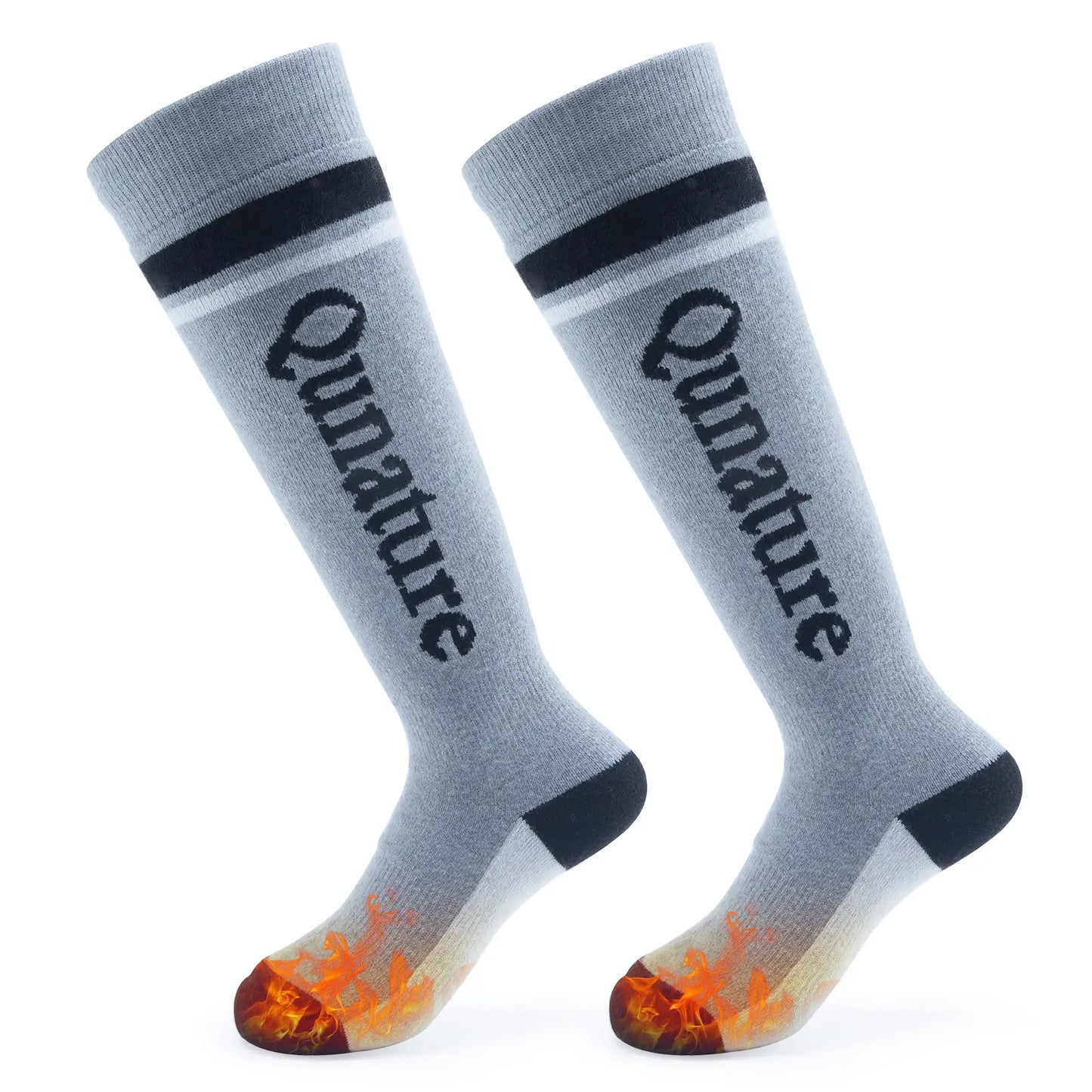 Gray knee-high socks with 'Qunature' branding and flame design on a white background