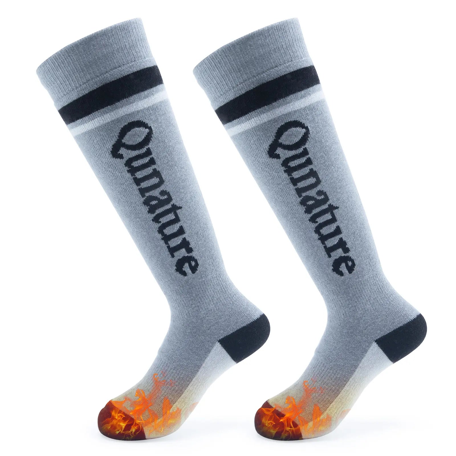 Gray knee-high socks with 'Qunature' branding and flame design on a white background