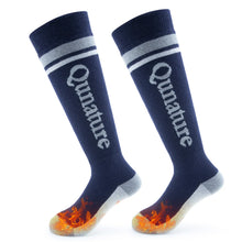 Pair of navy blue socks with gray stripes and 'Qunature' branding on a white background.