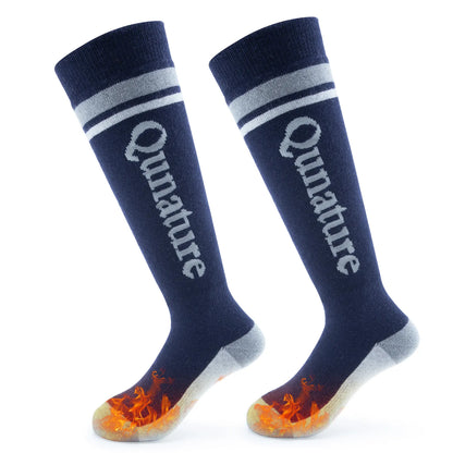Pair of navy blue socks with gray stripes and 'Qunature' branding on a white background.