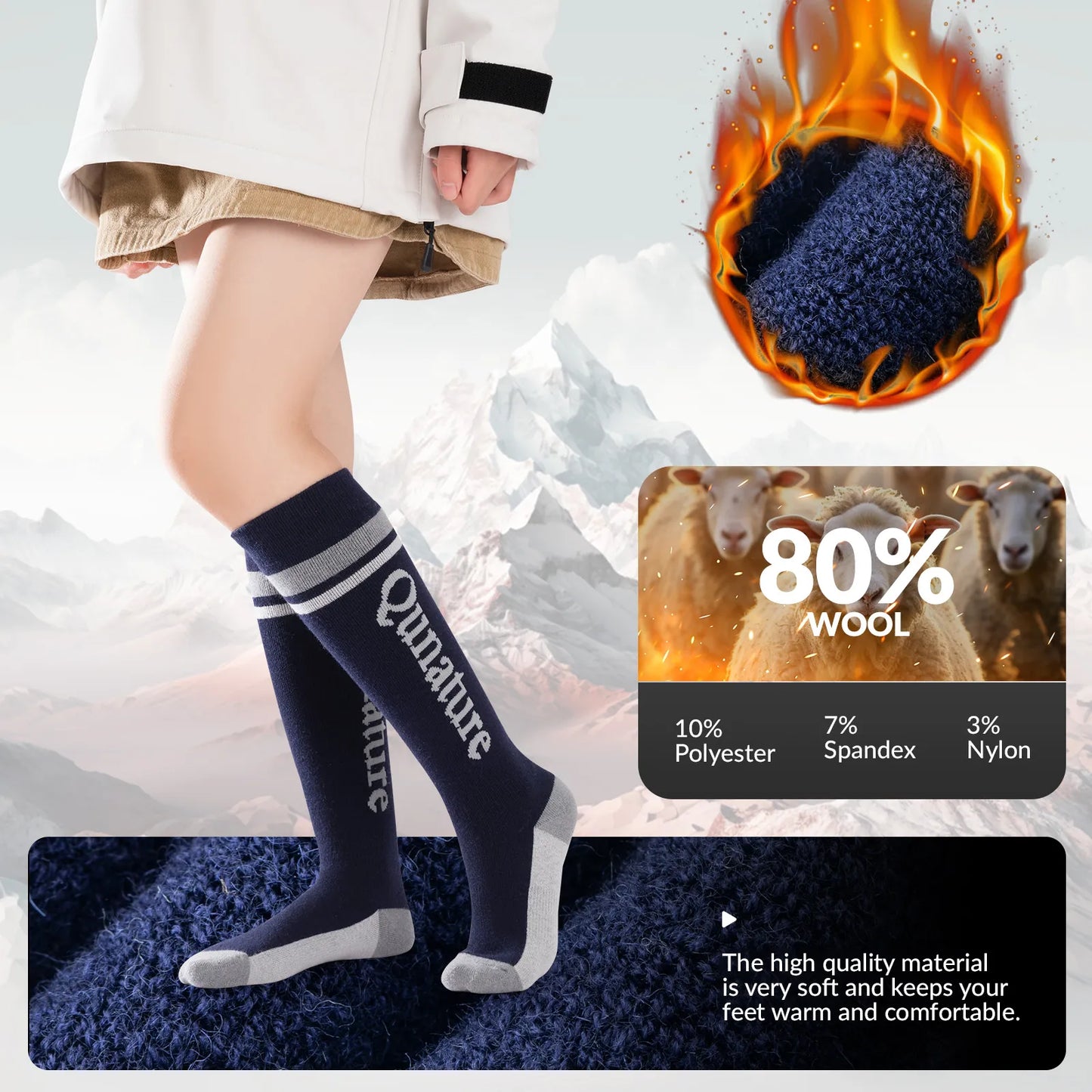 Blue knee-high socks with 'Qunature' branding, featuring a close-up of the sock material and a sheep illustration indicating wool content.