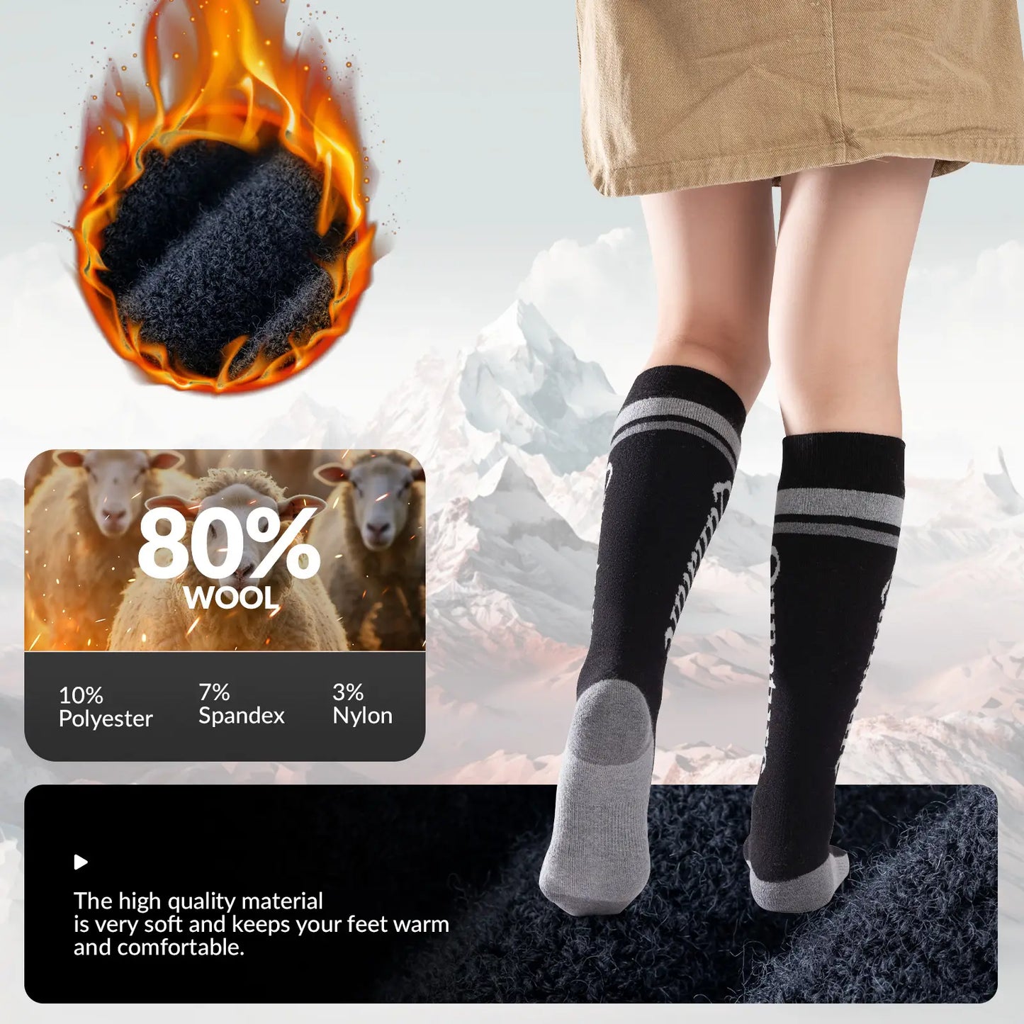 Person wearing black wool socks with a close-up of the material composition and a flame graphic.