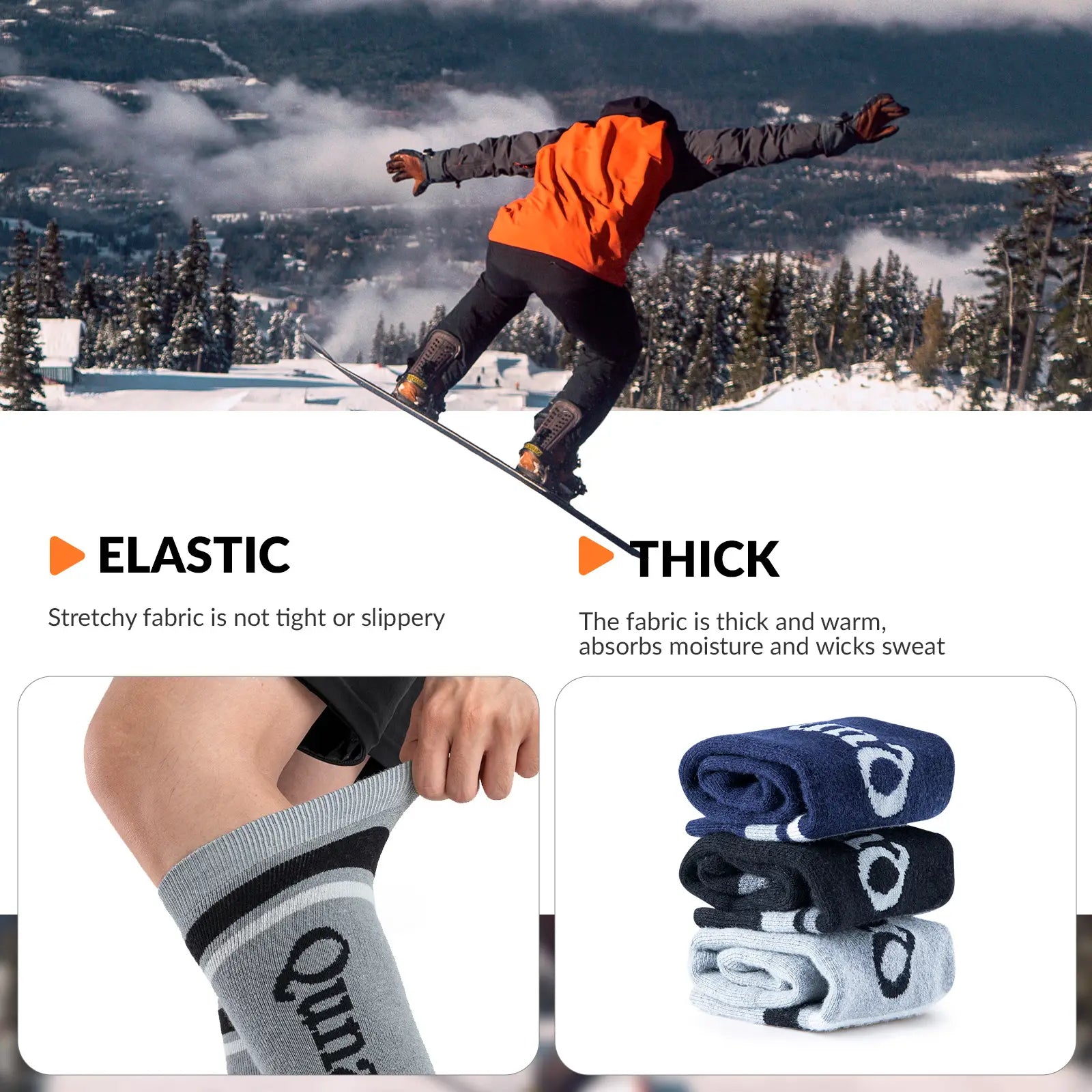 Person snowboarding with text about elastic and thick fabric, followed by images of socks.